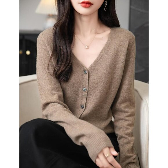 Women's Merino Wool Cardigan Lightweight V Neck Long Sleeve Fall Winter - Picture 2 of 6